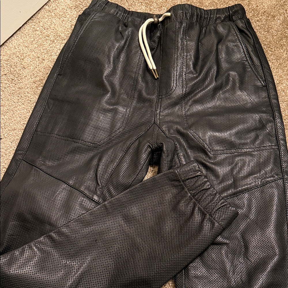 Zanerobe Men’s Leather Joggers Black Perforated Pants Unisex Streetwear Luxury